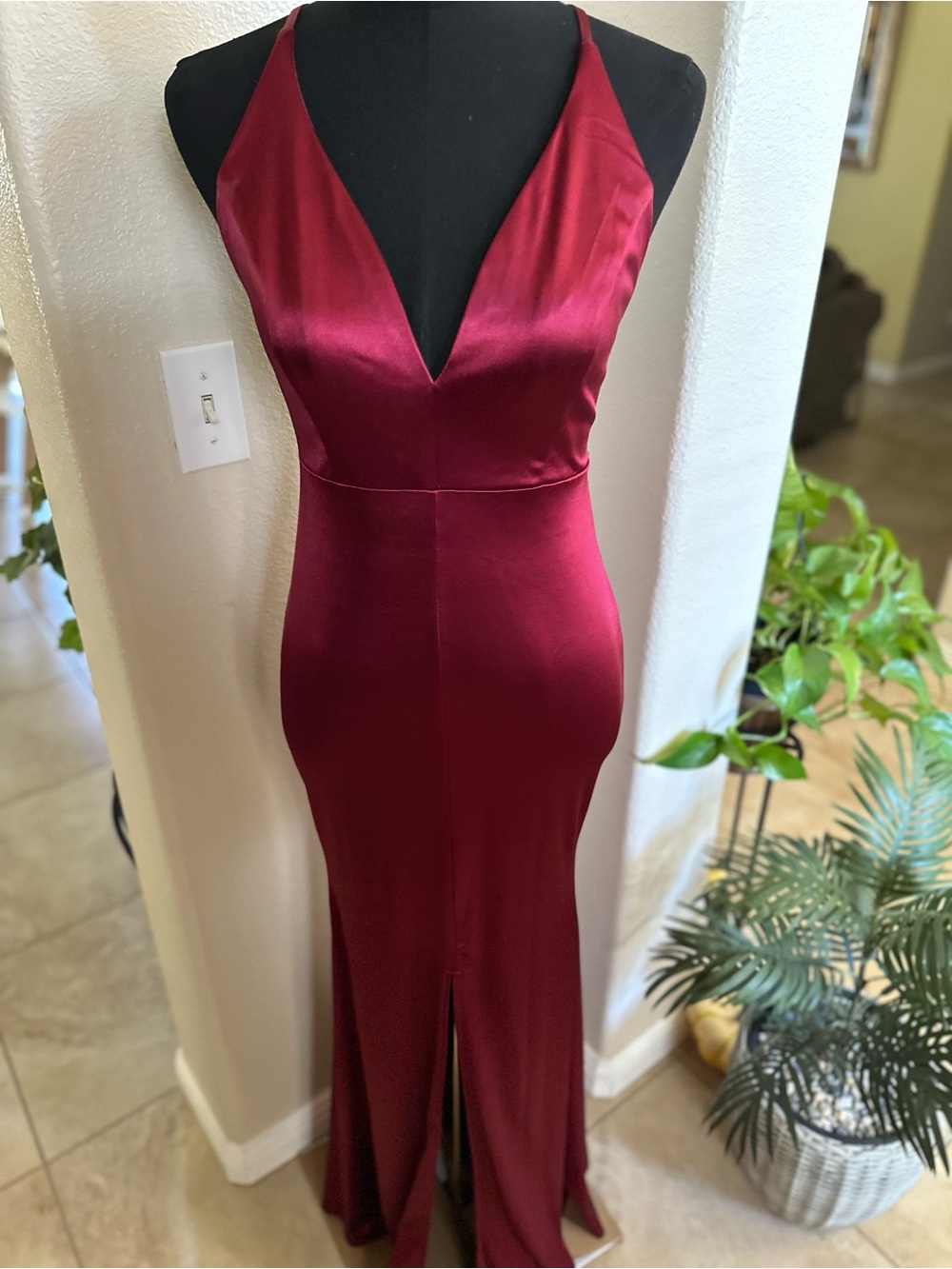 Fashion Nova Burgundy Satin V-Neck Gown